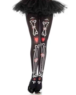Music Legs Bone And Heart Print Pantyhose> Halloween Accessories