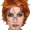 The Wig Outlet Evil Doll Orange And Red Wig With Scar Tattoos Set> Halloween Accessories