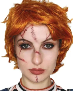 The Wig Outlet Evil Doll Orange And Red Wig With Scar Tattoos Set> Halloween Accessories